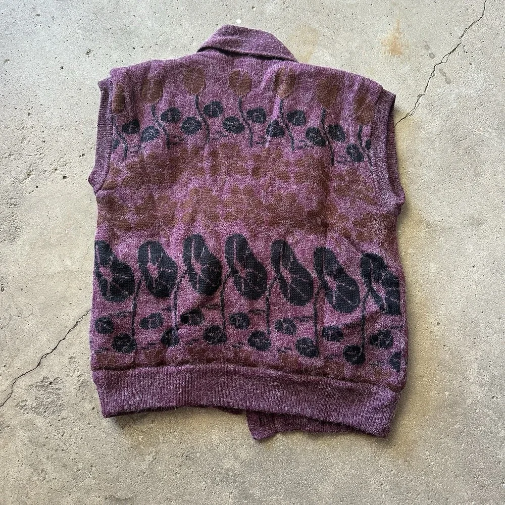 Vintage Wang Kong Women's Rose Knit Cardigan Quilted Lined Vest Size L Retro 70s